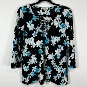 Calvin Klein Tie Neck Blouse Women's Size M Floral 3/4 Sleeve Casual‎ Business